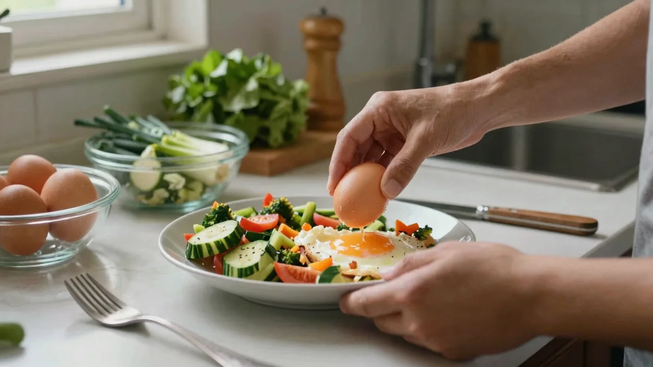 Mãos a preparar uma refeição simples com legumes e ovos numa cozi