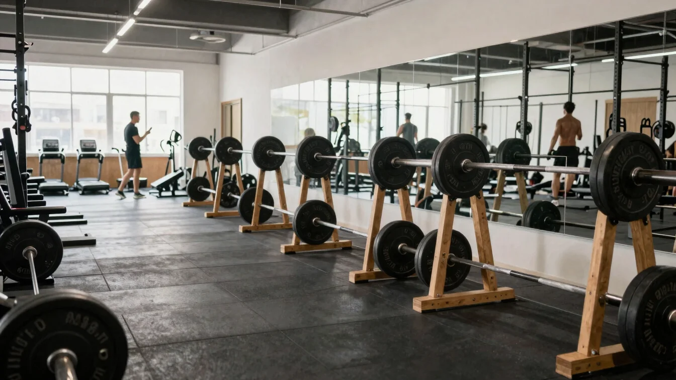 Wide editorial gym environment with natural light, barbells arran