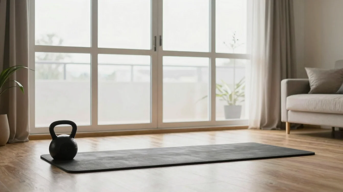 Bright living room floor with a mat and kettlebell near a large w