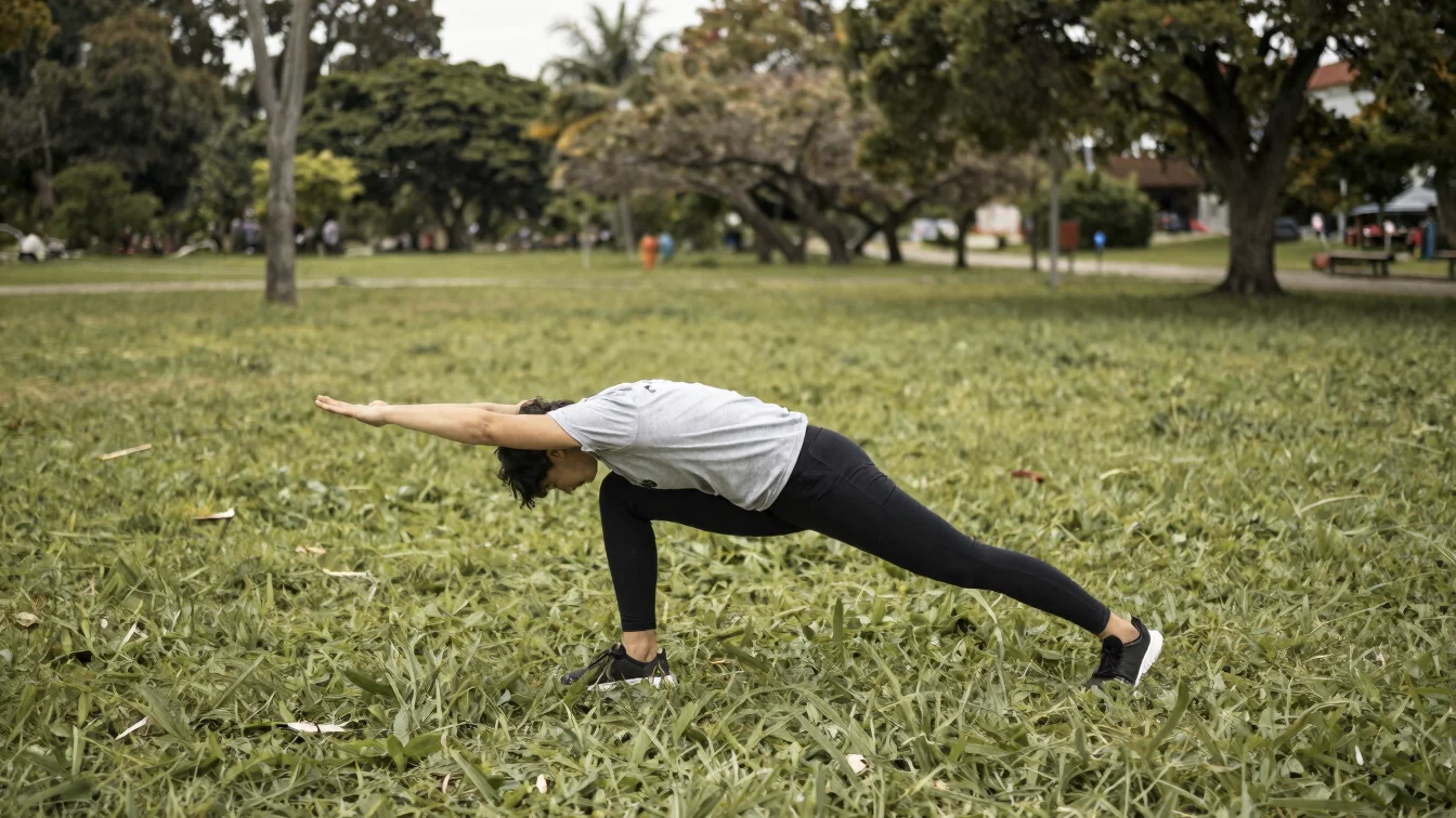 Park lawn in soft daylight, person doing mobility stretches with