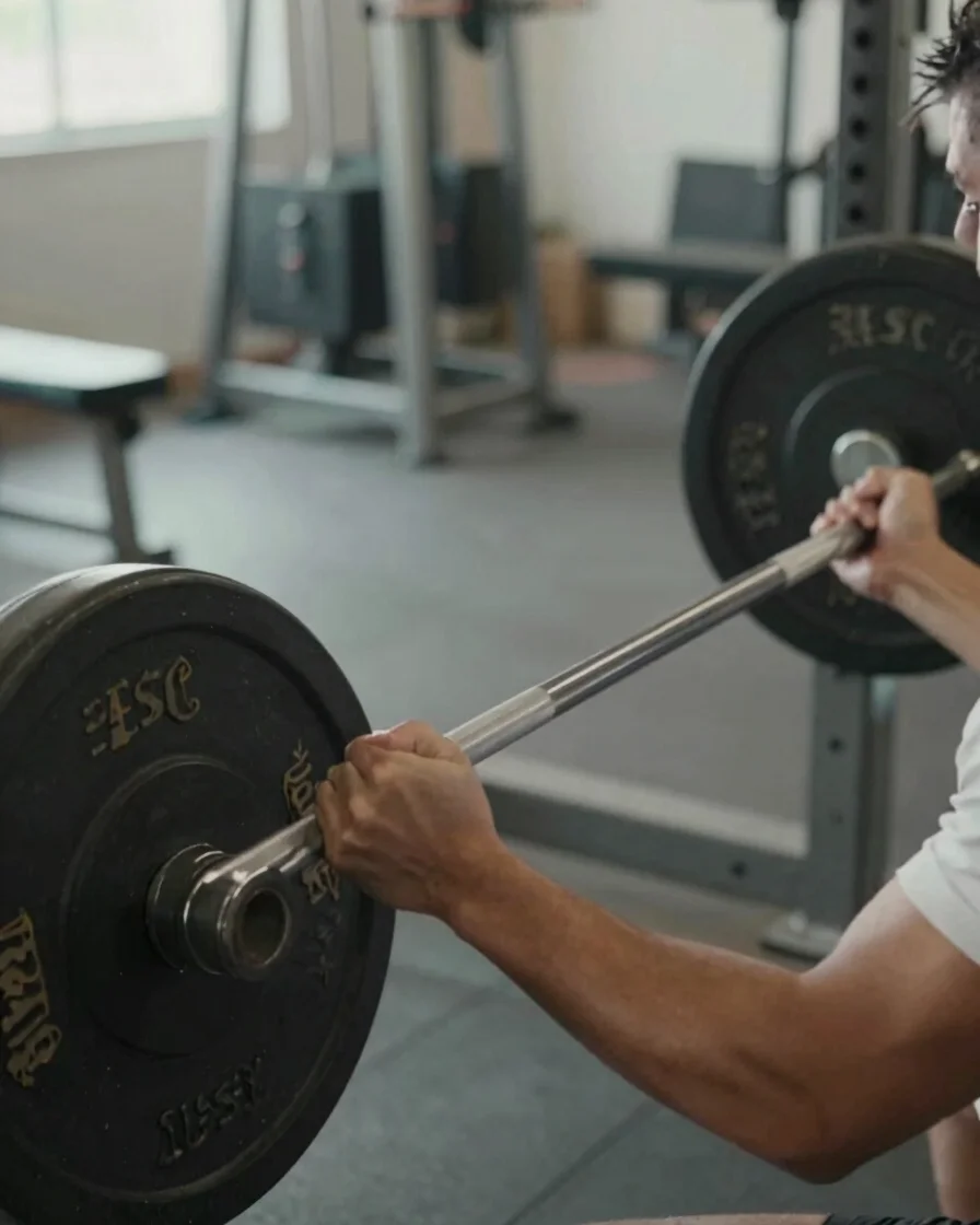 Close-up of hands adjusting weight plates on a barbell in a quiet gym with soft natural side light