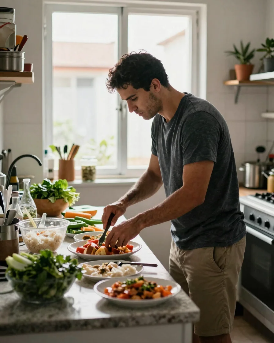 Mãos a preparar uma refeição simples numa cozinha comum, luz natural suave pela janela, legumes frescos e uma tigela com